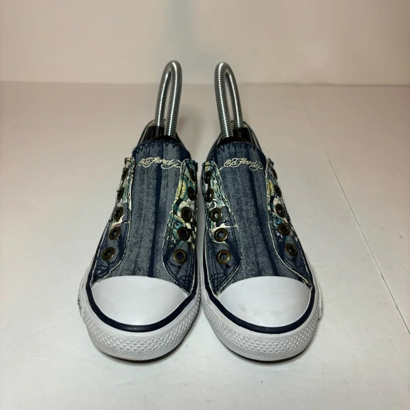 Ed Hardy By Christian Audigier Kids Slip Ons Sz 3 Piston Racing Skulls Laceless - Picture 6 of 10